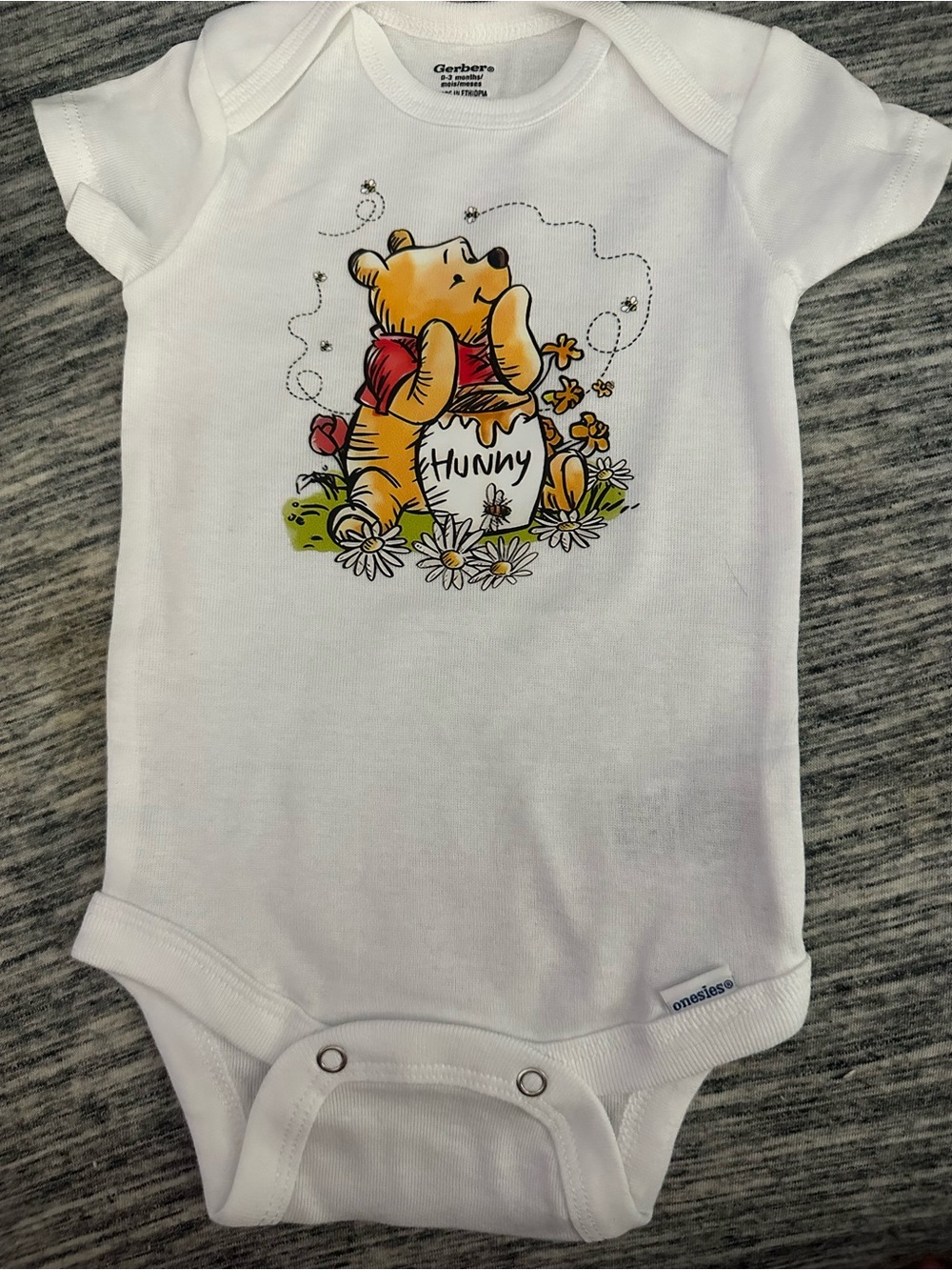 Gerber White Winnie the Pooh 'Hunny' Short Sleeve Bodysuit